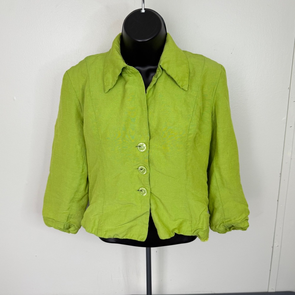 Sarah Elizabeth Blazer Womens 6 Lime Green Linen Blend 3/4 Sleeve Button Front
